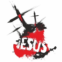 Modern logo with three crosses & the name Jesus
